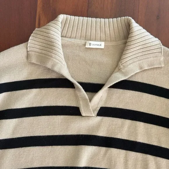 Lilysilk The Gilly Striped Tan Sweater 100% Merino Wool Pullover Preppy Luxe M - Picture 4 of 7